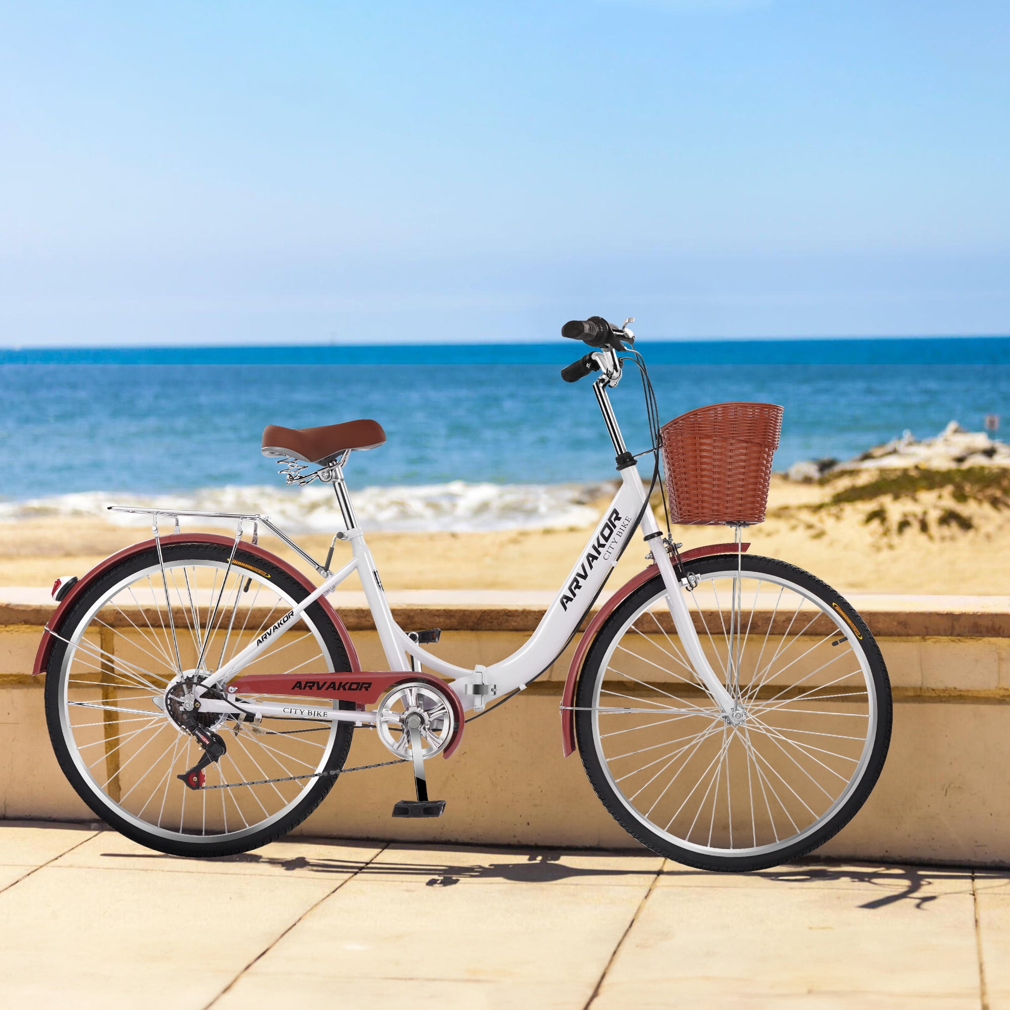 ARVAKOR 26 Inch 7 Speed Foldable Women Bike, Classic Bicycle Retro Bicycle, Cruiser Bike, White