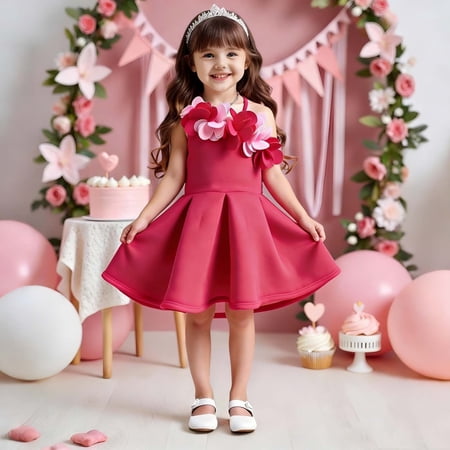 BLTIBY Little Girls Pageant Dresses 3D Flower Sleeveless Swing Dress Wedding Princess Birthday Party Prom Gown Hot Pink 1-2Years
