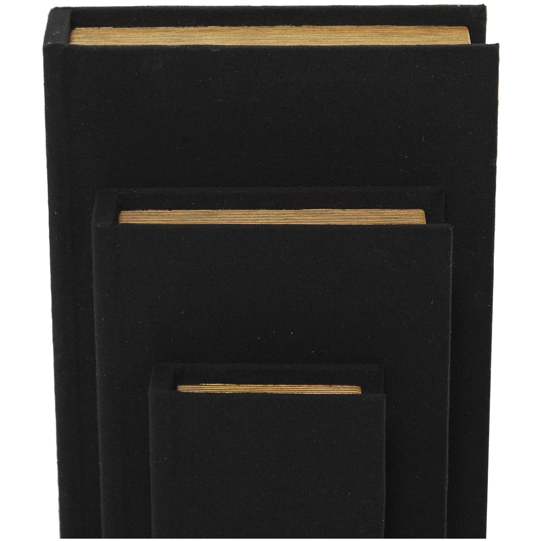 DecMode Textured Faux Book Storage Black Linen Fabric Decorative Box with Gold Page Detailing, 3 Count