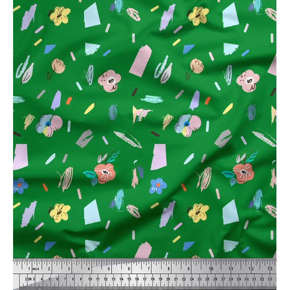 Soimoi Green Rayon Fabric Floral & Brush Stroke Print Sewing Fabric Yard 56 Inch Wide