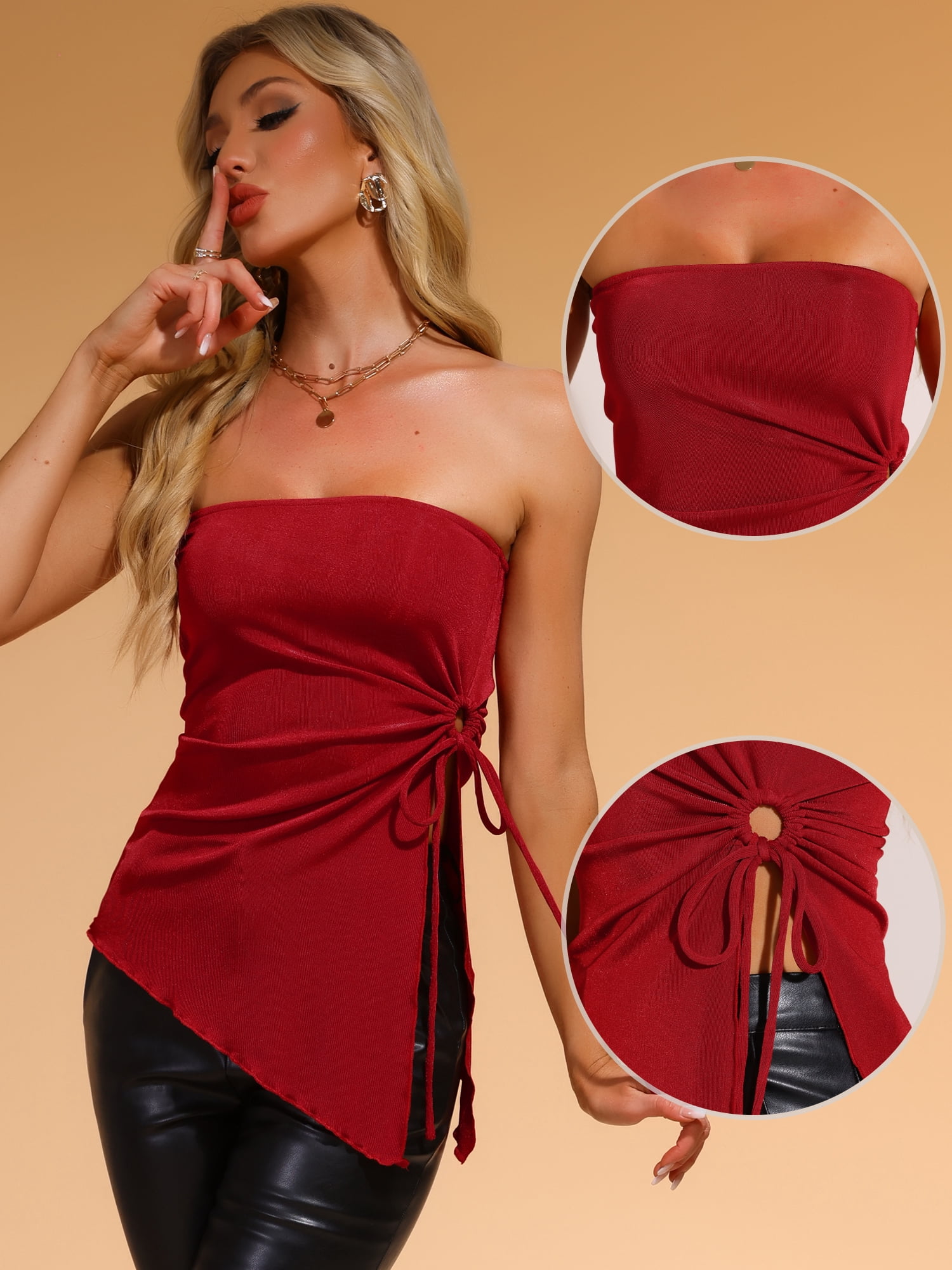 DARING DIVA Women's Drawstring Ruched Asymmetrical Ruffle Hem Top L Red