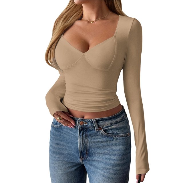Camisetas de Larga con Cuello en V para Mujer, Top Corto con Doble Forro y Copa con Costura, Tops para Salir Color Camello M