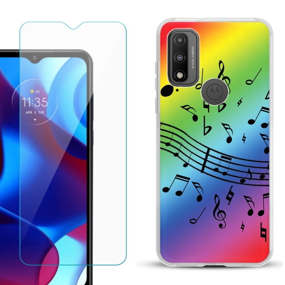 Slim-Fit Gel TPU Phone Case for Motorola Moto G Pure, with Tempered Glass Screen Protector, by OneToughShield ® - Music Notes / Rainbow