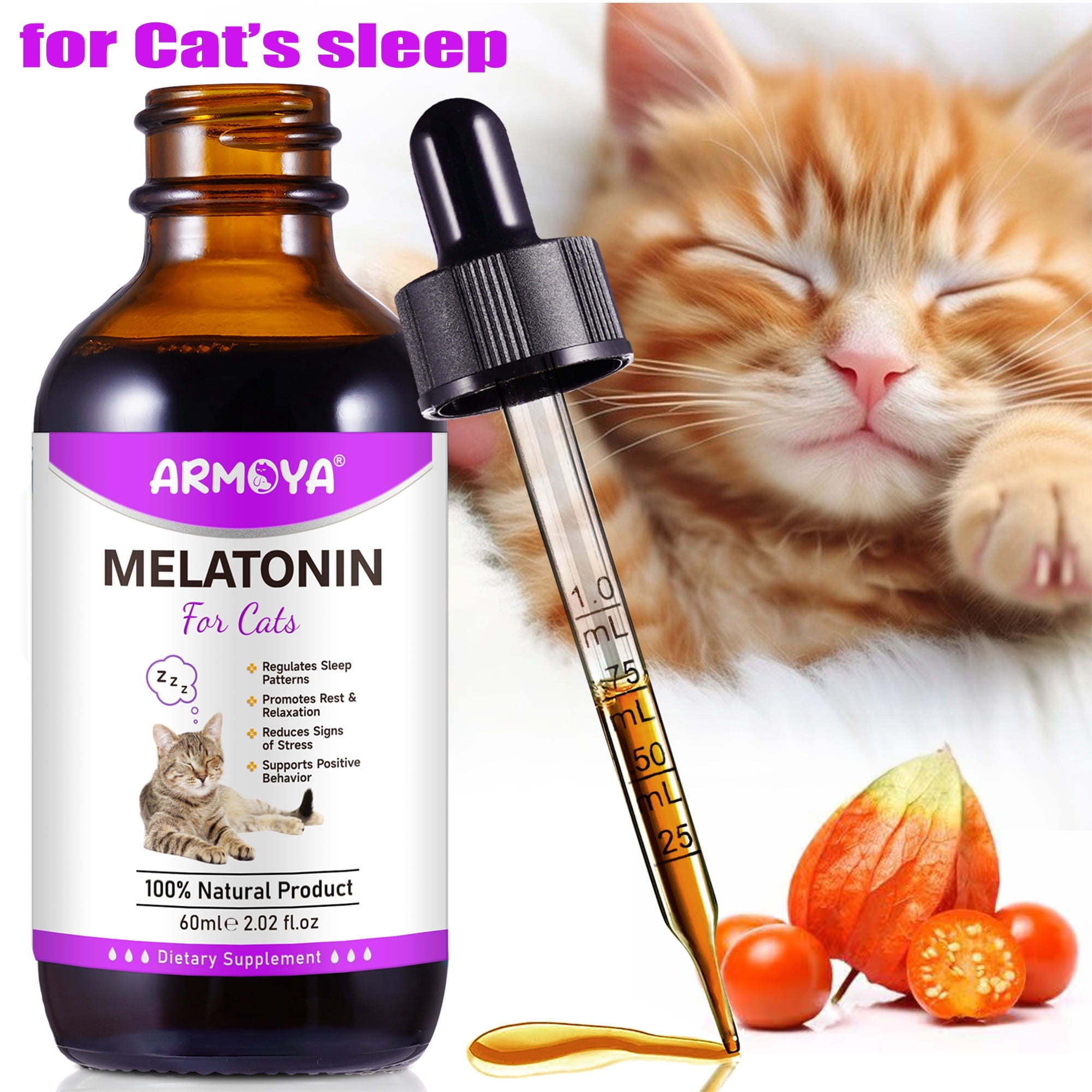 Petpya Melatonin for Cats,Cat Melatonin,Cat Stress Relief,Cat Calming Treats,Anxiety Relief & Promote Relaxation,Sleep Aid for Cats,Pet Health Supplies,Cat Sleep Aid,Natural Bacon Flavor - 2 fl oz