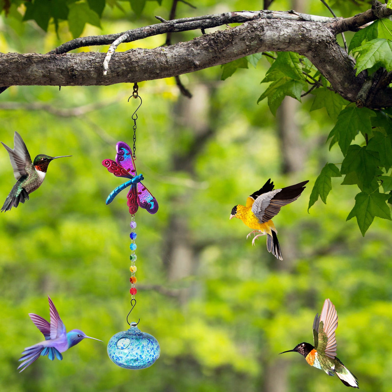 Painted Hummingbird Shaped Feeder Wind Chime, Outdoor Pendant Sunlight Refractor, Hanging Bird Feeder for Garden Patio, Colorful Hummingbird Feeder with Hook