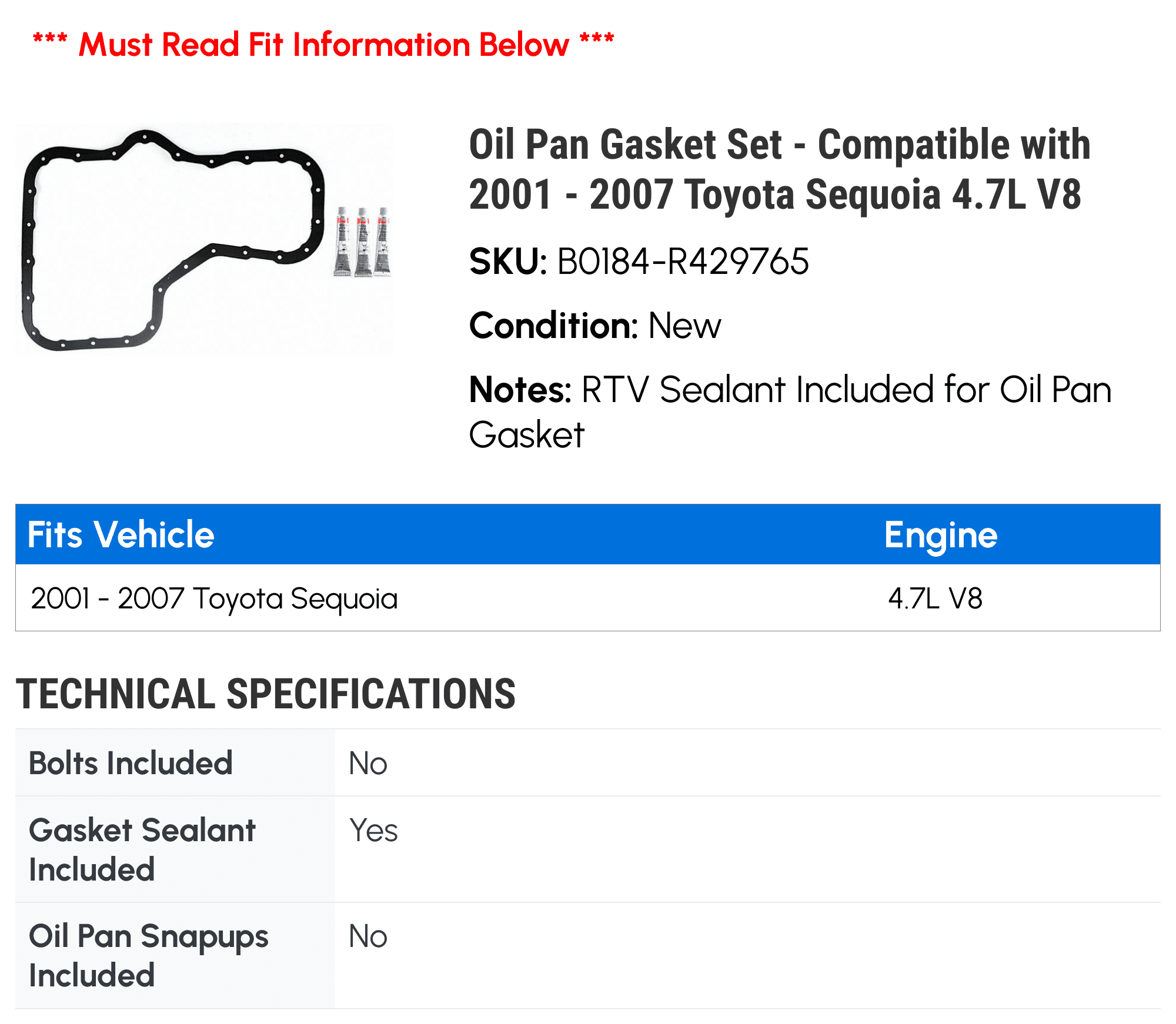 Oil Pan Gasket Set - Compatible with 2001 - 2007 Toyota Sequoia 4.7L V8 2002 2003 2004 2005 2006