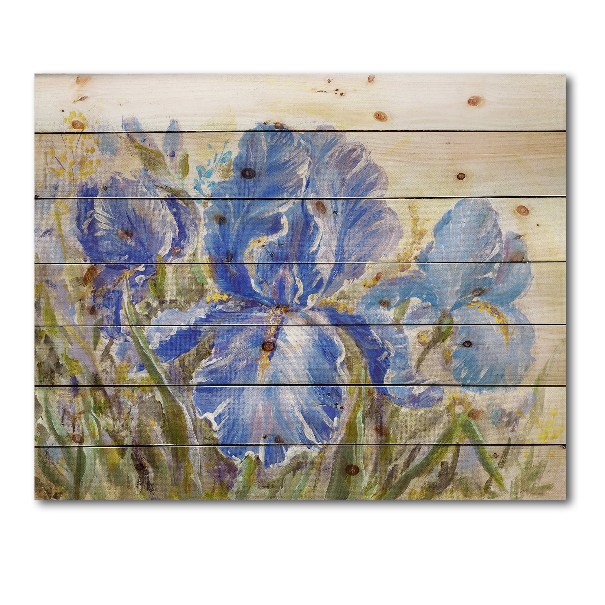 Designart 'Blue Irises Blossoming Flowers' Traditional Print on Natural Pine Wood