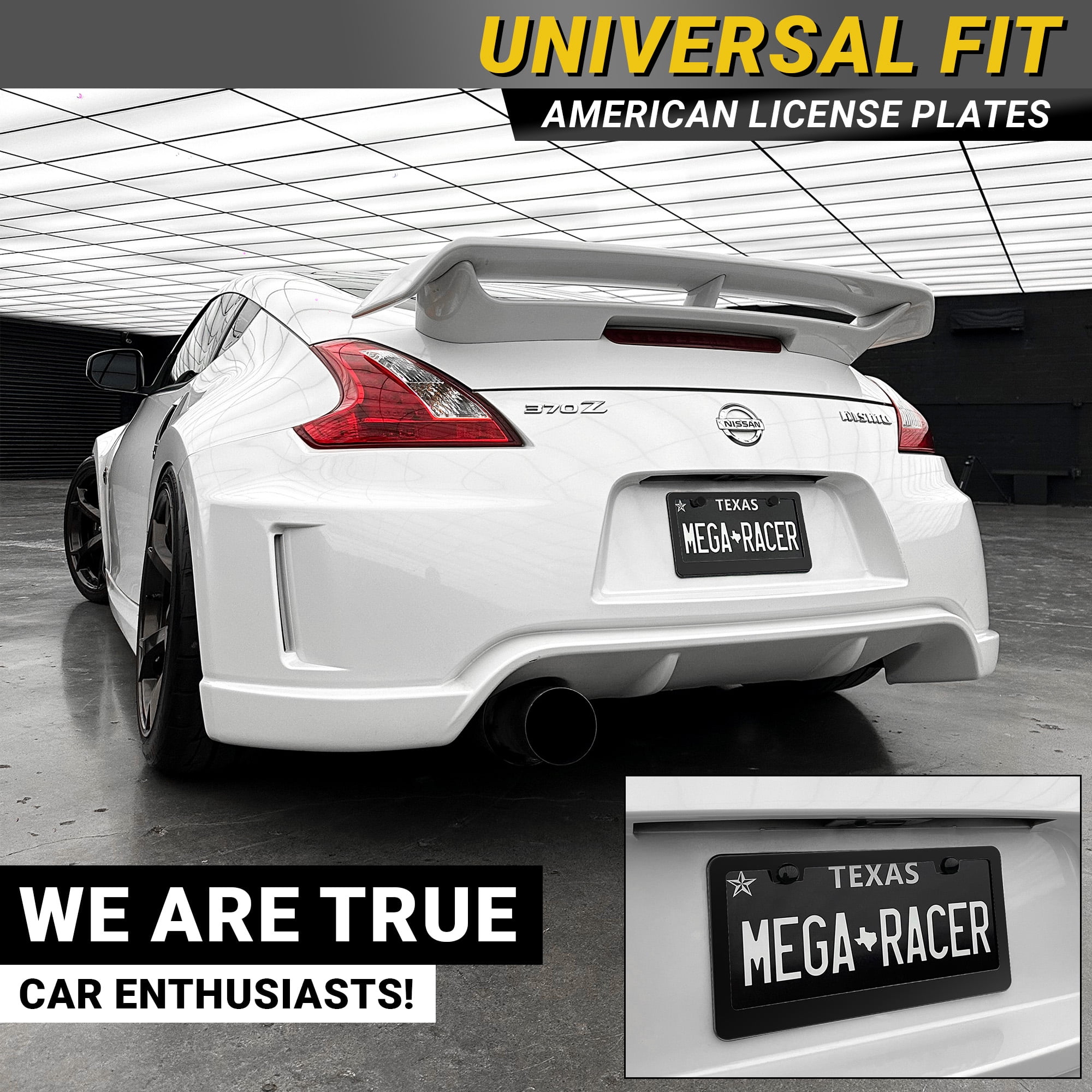 Mega Racer Matte Black License Plate Frame (2 Pack) – Stainless Steel, Rattle-Free, Rust-Resistant, Slim Top Wide Bottom Design, Front & Rear Plate Holder with Black Screw Caps