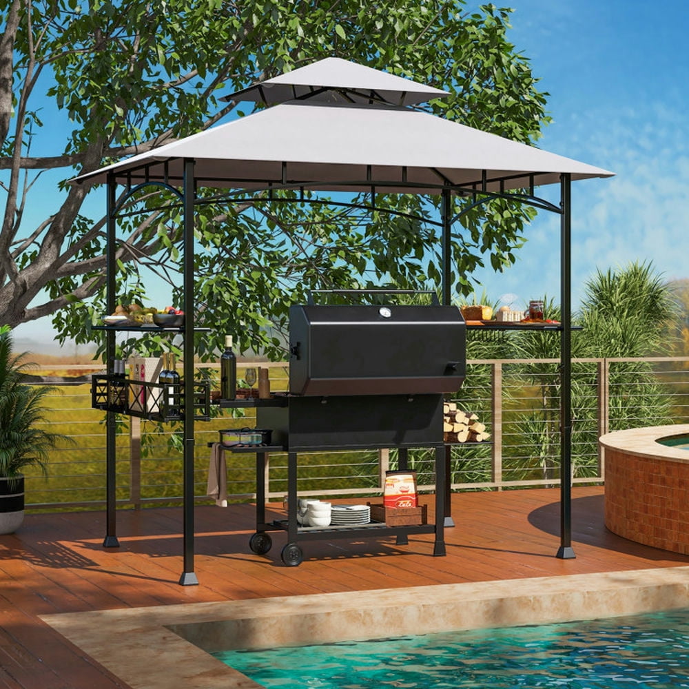 Spaco Outdoor Gazebo,Patios Gazebos,8 x 5 FT Outdoor Grill Gazebo with 2 Side Shelves and 20 Hooks-Gray
