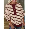 thumbnail image 6 of PRETTYGARDEN Womens Fall Striped Oversized Sweatshirt Long Sleeve Button Up Henley Neck Waffle Knit Pullover Tunic Tops, 6 of 7