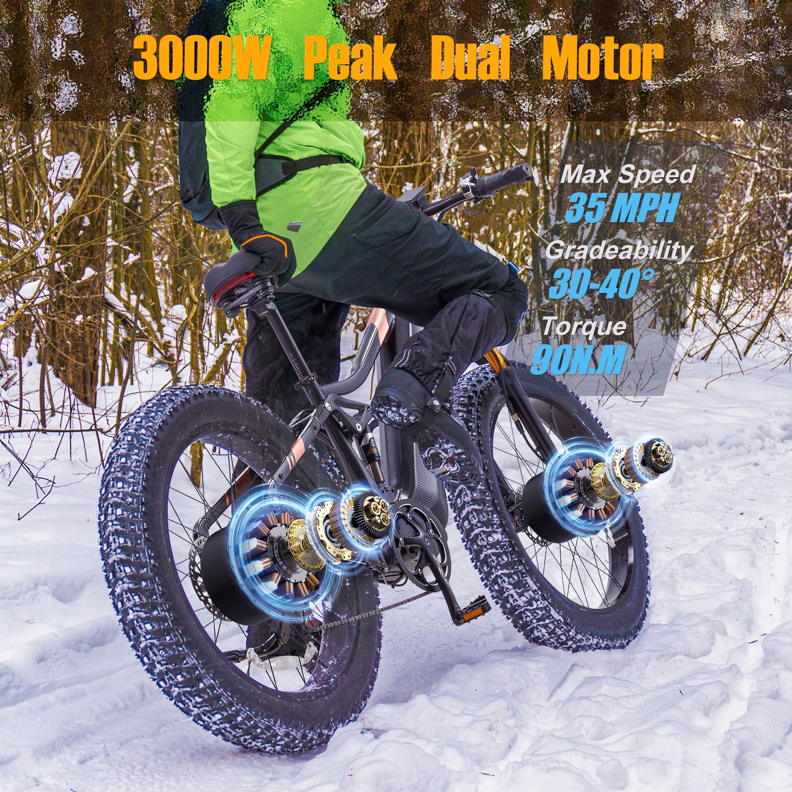 Dual Motors AWD 3000W Electric Bike for Adult 26'', UL2849 48V 30AH Removable Battery E-mountain bike 4.0 Fat Tire up to 35MPH&120Miles Long Range Off-road Ebike Beach Dual Hydraulic&Brakes E-Bicycle