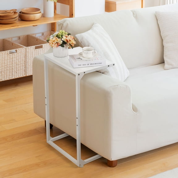 White C‑Shaped Side Table, Industrial C Table for Sofa, Bed, and Small Spaces