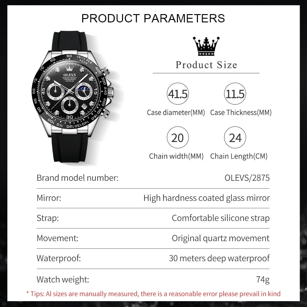 OLEVS Watches for Men Chronograph Multifunction Sport Silicone Luxury Dress Diamond Moon Phase Quartz Male Watch Waterproof Mens Wrist Watches Reloj para Hombre,Gold/Black/White/Blue/Grey Dial