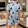 thumbnail image 6 of Halloween Pajama 2 Piece Set for Women Ghost Spiderweb Short Sleeve Lapel Collar Spooky Shirts and Castle Candy Wide Leg Funny Shorts, XL, 6 of 6