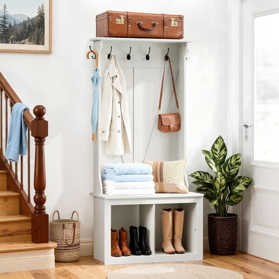 HarmonyStrings 67" Hall Tree with Bench and Shoe Storage, Farmhouse Entryway Bench with Coat Rack, Mudroom Storage Organizer with 2 Cubbies, 6 Hooks for Entryway, Living Room, White