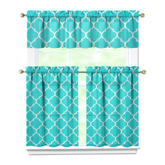 Colorful Checkered Kitchen Curtains Set of 3 - Moroccan Tier & Valance, Rustic Plaid Rod Pocket Short Curtains