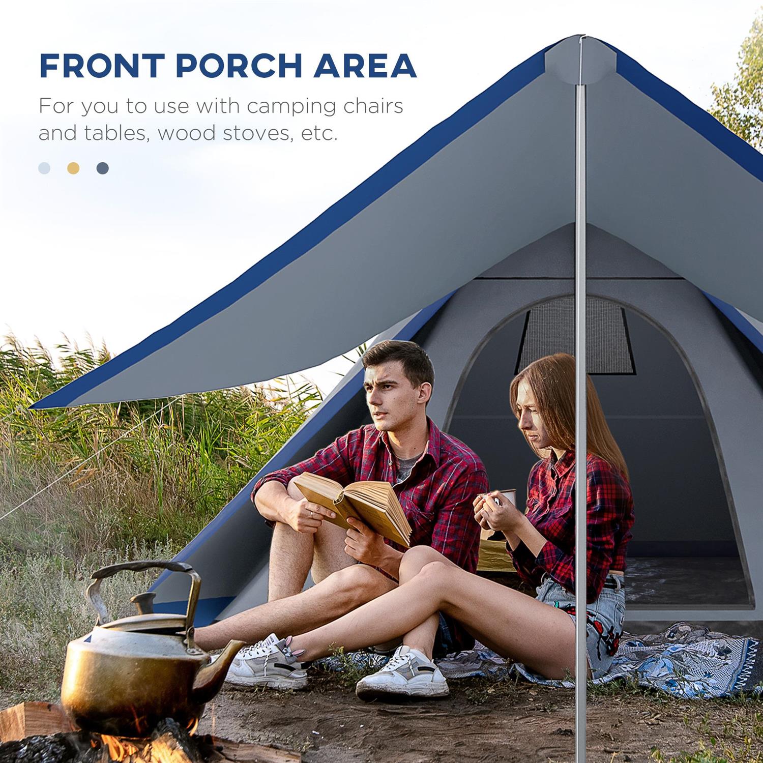 Demi Bonn 15.4'x15.4'x8.5' 2-3 Person Waterproof Teepee Camping Tent, with Porch Area, Floor & Carry Bag for Outdoor Activities, Blue