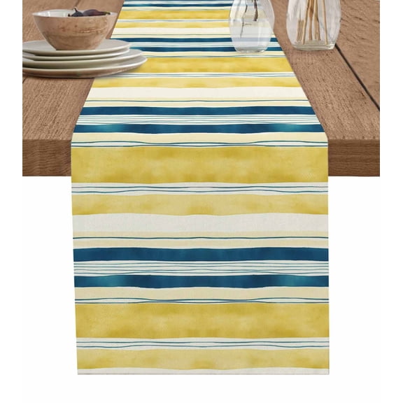 Blue Yellow Striped Table Runner 72 Inches, Watercolor Modern Stripes Art Bed Runner Dresser Scarves Tabletop for Indoor Outdoor Parties/Ceremony/Banquet, 16" x 72"