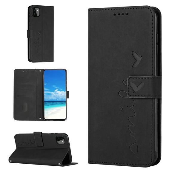 For Samsung A22 Case 5G Wallet Cover, PU Leather Kickstand Credit Card Pocket Slots Wrist Strap Magnetic Folio Heart Patterned Embossed Flip Cover for Samsung Galaxy A22 5G, Black