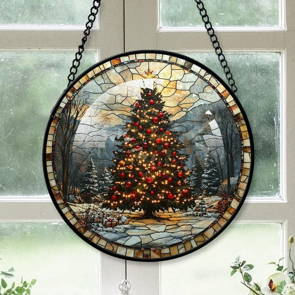 Personalized Christmas Tree Stained Glass Suncatcher Artistic Window Hanging, Christmas Tree 78” Hand-Painted Glass Panel Wall Home Decor, Christmas Tree Garden Decor ROhA18 (Christmas Tree 1)