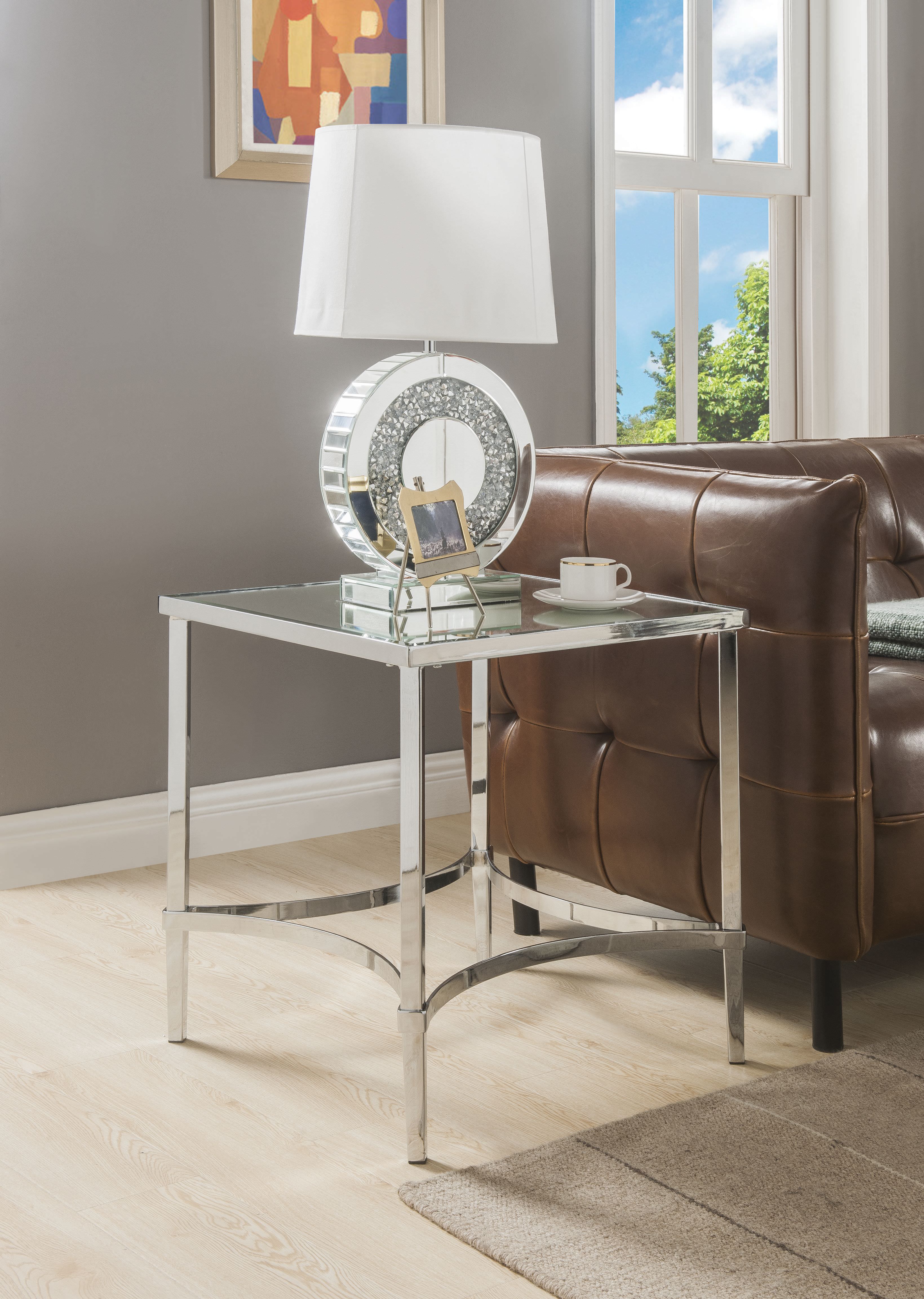ACME Petunia Square Mirror Top End Table in Chrome and Mirrored