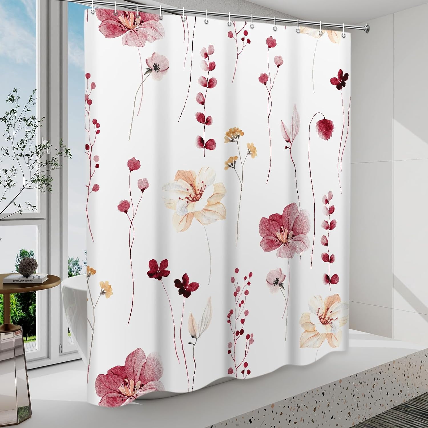 Shower Curtain Watercolor Flower Shower Curtain Sets - Spring Burgundy Floral plant Shower Curtains for Bathroom Washable，Fabric Modern Polyester with Hooks，72 x 84