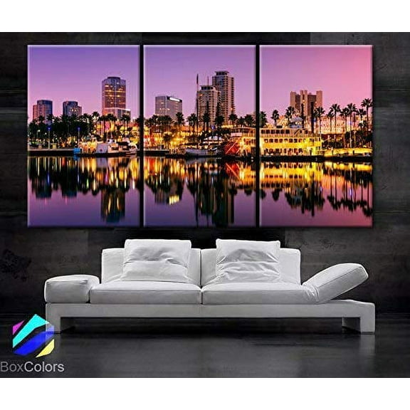 BoxColors - Large 30"x 60" 3 Panels 30"x20" Ea Art Canvas Print Long Beach Skyline Multi color Buildings Wall Home (Included Framed 1.5" Depth)