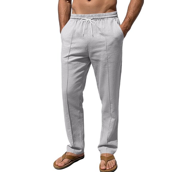GrmtClth Men's Linen Textured Drawstring Pants Straight Leg Casual Trousers Elastic Waist Loose Fit Summer Pants with Pockets Gray 2XL