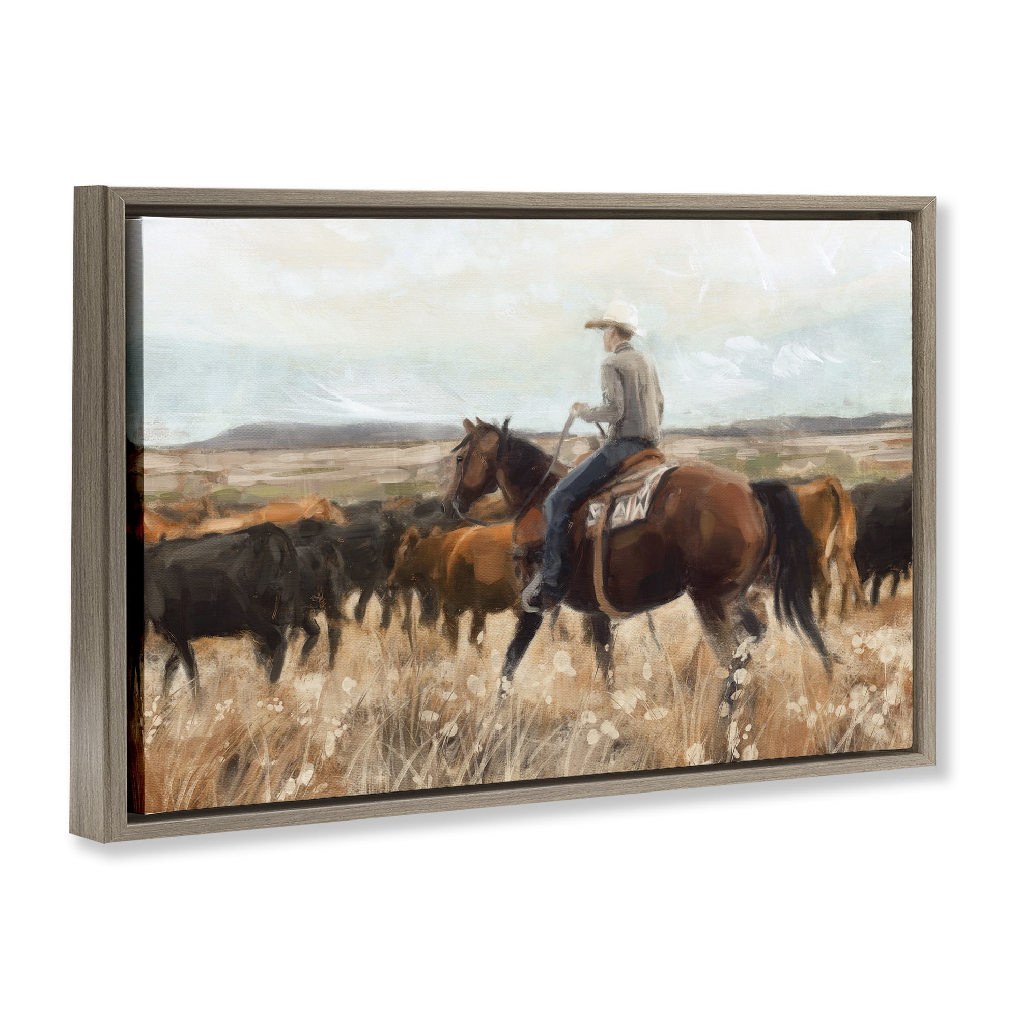 Stupell Industries Cowboy Rounding Cattle Landscape Painting Brown Floater Framed Canvas Art Print Wall Art, 25 x 17