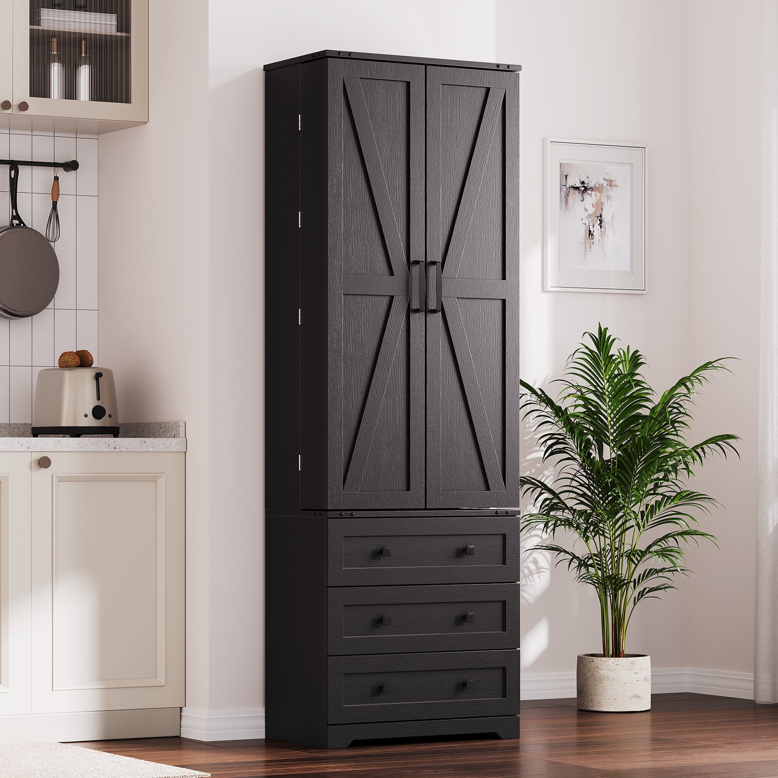 Garderth Kitchen Pantry Cabinet,72" Tall Pantry Storage Cabinet,Freestanding Cupboard With 3 Drawers,Adjustable Shelves,Farmhouse Food Pantry For Dinning Living Room Home Laundry Bathroom