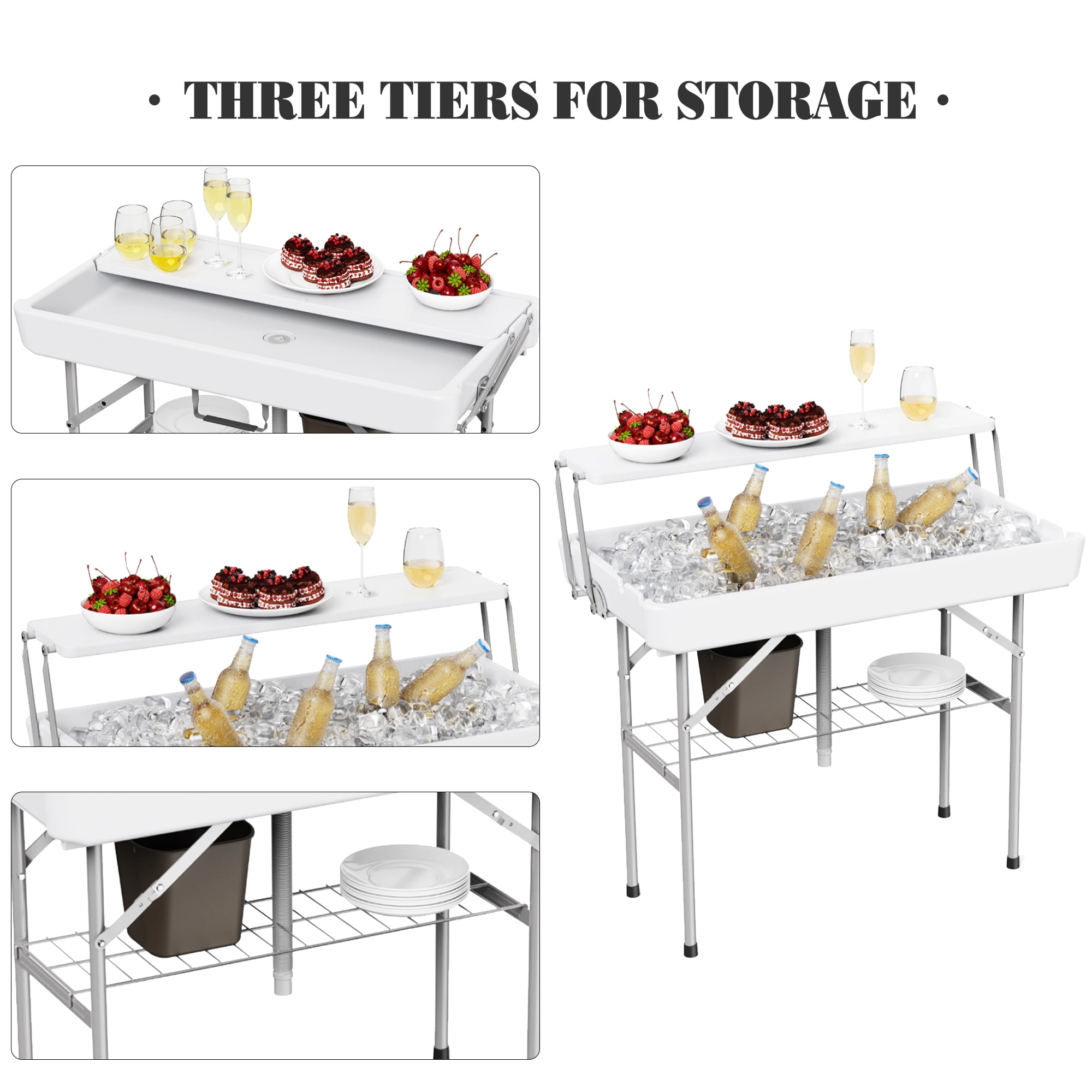 Garvee Folding Ice Cooler Table with Drain, 2-Tier Ice Table with Removable Skirt and Extra Storage Shelf, Foldable Outdoor Cooler Tables for Events, Parties, Wedding, Camping, BBQ
