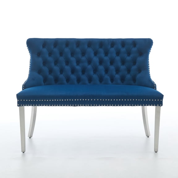 Gearwell Dining Loveseat Bench, Blue Velvet 2-Seat Tufted Settee Bench Single Pack with Wing Back and Brushed Silver Stainless Steel Legs for Kitchen Dining Room