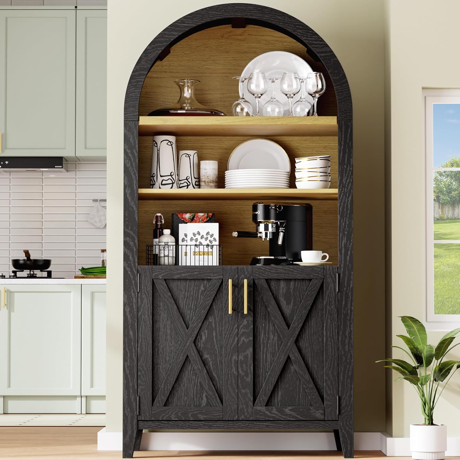 MAYEERTY 63" Arched Storage Cabinet with Beech Wood Door, 5 Tier Farmhouse Arched Kitchen Pantry with Storage for Dining Room, Living Room, Kitchen, Office