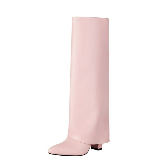 Xfvqtps Womens Knee High Boots Pointed Toe Chunky Heel Faux Leather Slouchy Boots Non Slip Sole Winter Fashion Boots for Women Casual Wear Pink