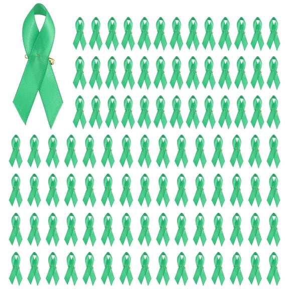 100Pcs Mental Health Awareness Ribbon Green Satin Ribbon Lapel Pins for Charity Events Ribbons with Safety Pins for Women MenDIY