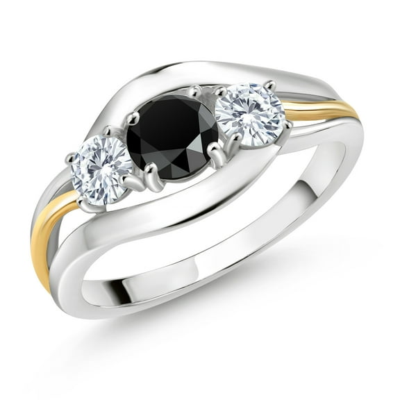 Gem Stone King 925 Sterling Silver and 10K Yellow Gold Round Black Onyx and White Moissanite 3 Stone Ring for Women (0.94 Cttw, Available in Size 5, 6, 7, 8, 9)