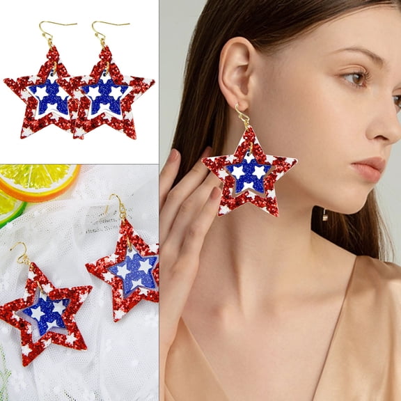 QIQUWOHUL Independence Day Earrings Red White And Blue Five Pointed Star Exaggerated Geometric European And American Holiday Earrings