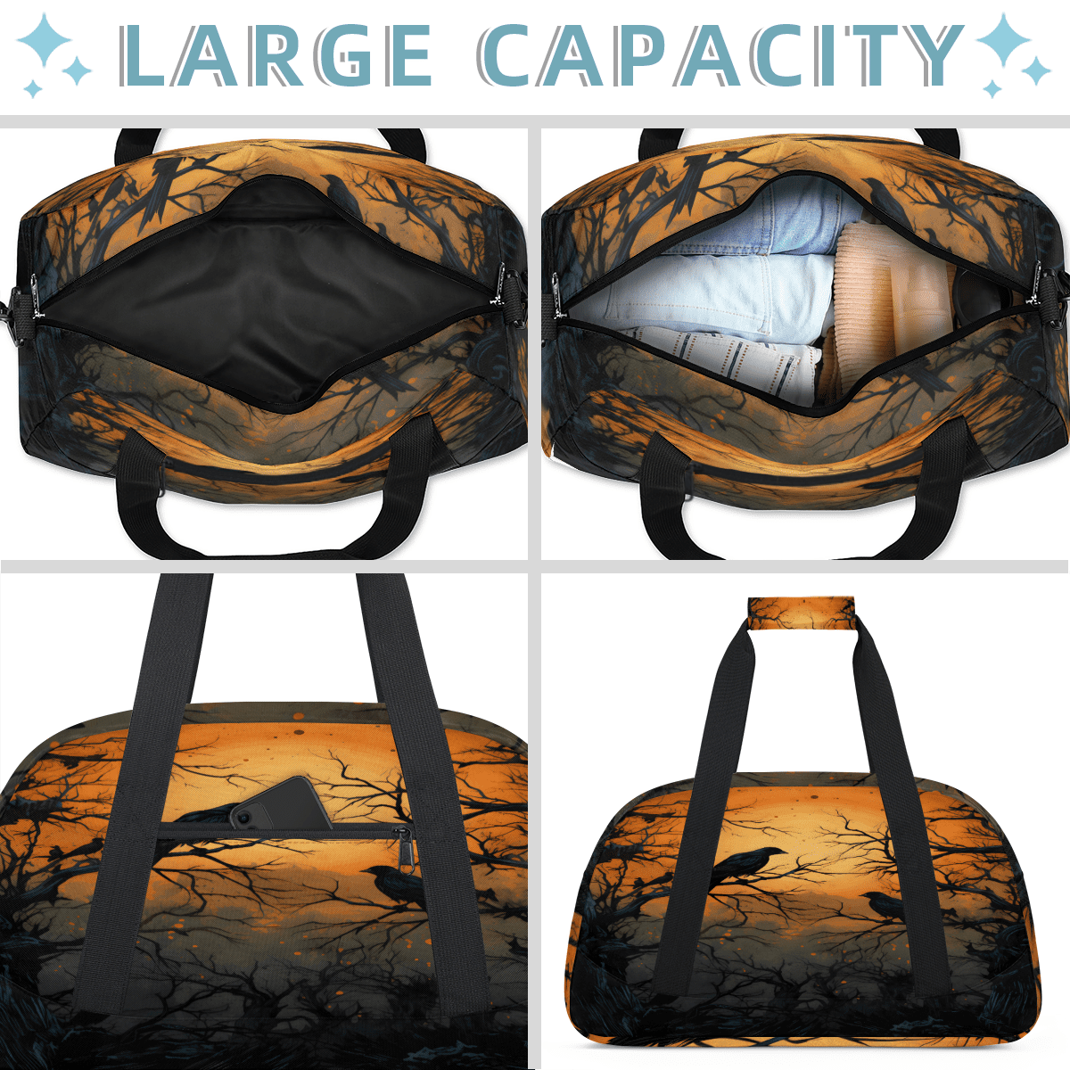 Herdesigns Sports Duffle Bags Travel Duffle Bag Gym Bag Halloween Crow Themed Weekender Travel Bag Waterproof Overnight Bag Carry On Travel Tote Bag Dance Bags