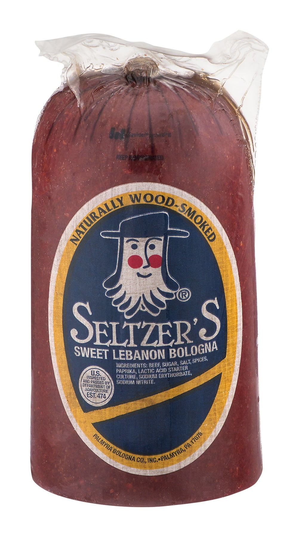 Seltzer's Lebanon Bologna, Sealed pack, Serving Size 2 Slices (48g), 8g of Protein per Serving.