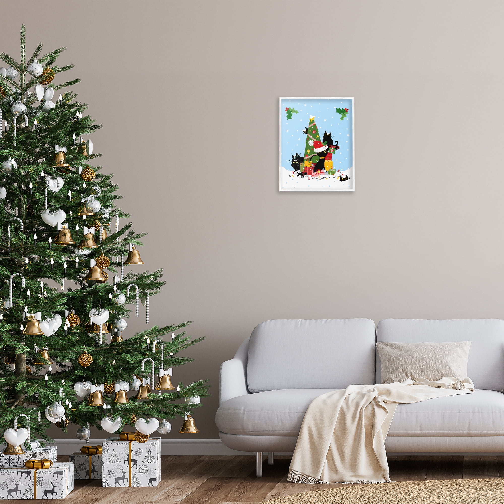 Stupell Industries Silly Cats in Christmas Tree Holiday Painting White Framed Art Prints Wall Art, 16 x 20