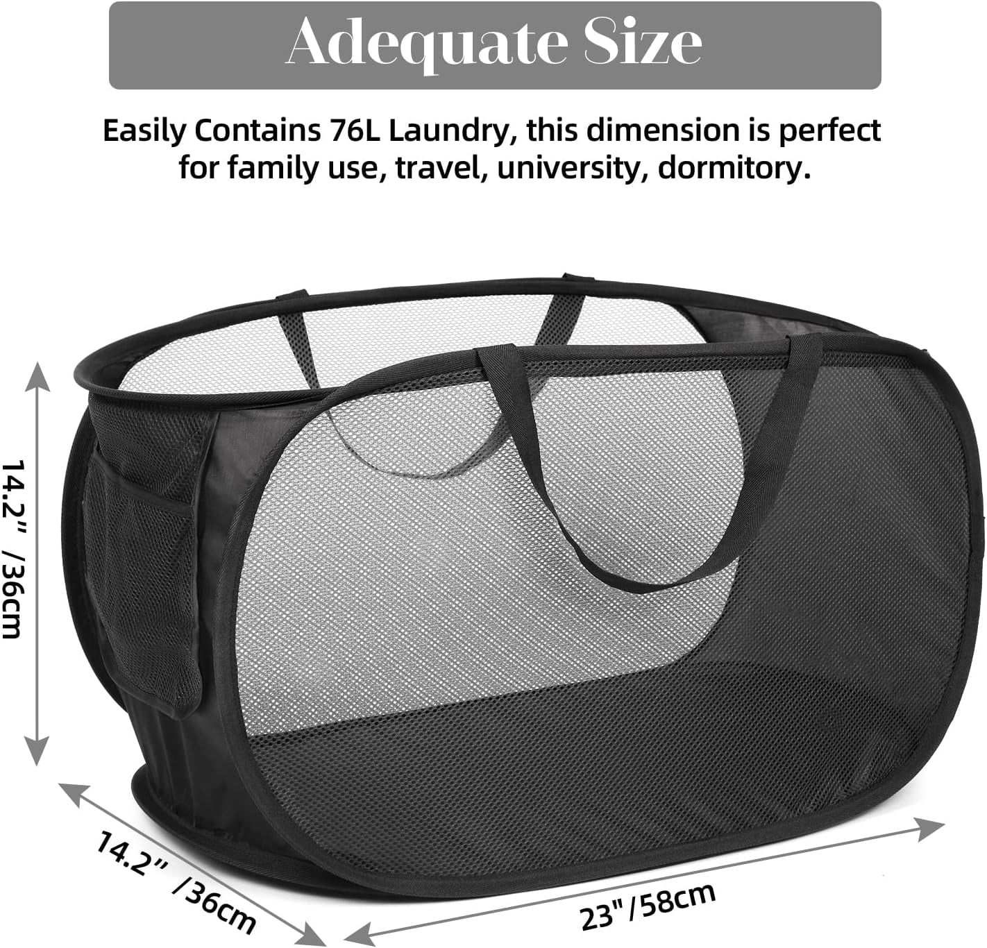Kiibsot Strong Mesh Pop Up Laundry Basket, Collapsible Laundry Hamper with Side Pocket, Foldable Clothes Hamper with Durable Reinforced Handles for Laundry, Bathroom, Kids Room, Dorm or Travel