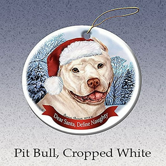 Holiday Pet Gifts White Pit Bull (Cropped) Santa Hat Dog Porcelain Ornament