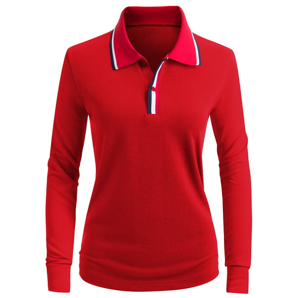 CLOVERY Women's Activewear 2-Button Long Sleeve Point Collar Polo Shirt ...