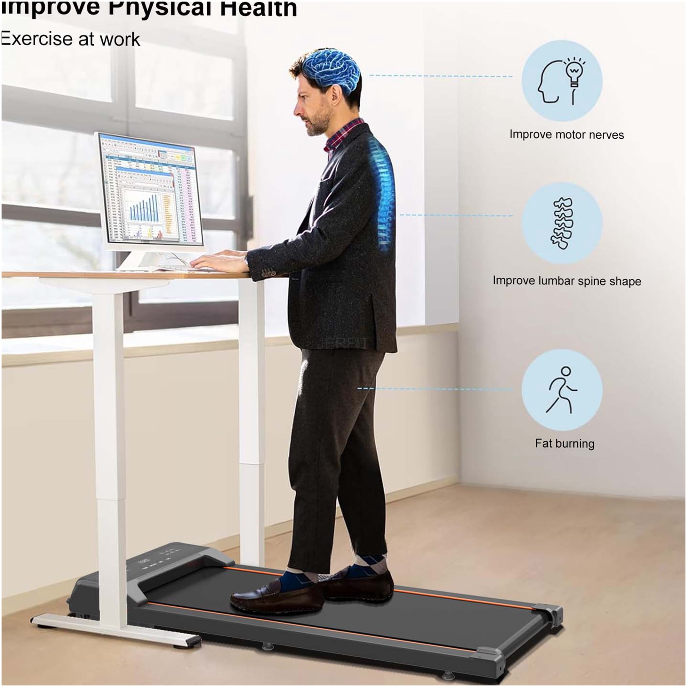 JERFIT Walking Pad Treadmill with Remote, Under Desk Electric Treadmill for Home Office, 2.5HP Portable Walking Machine with LED Display, 265LB Capacity, Black Steel Frame