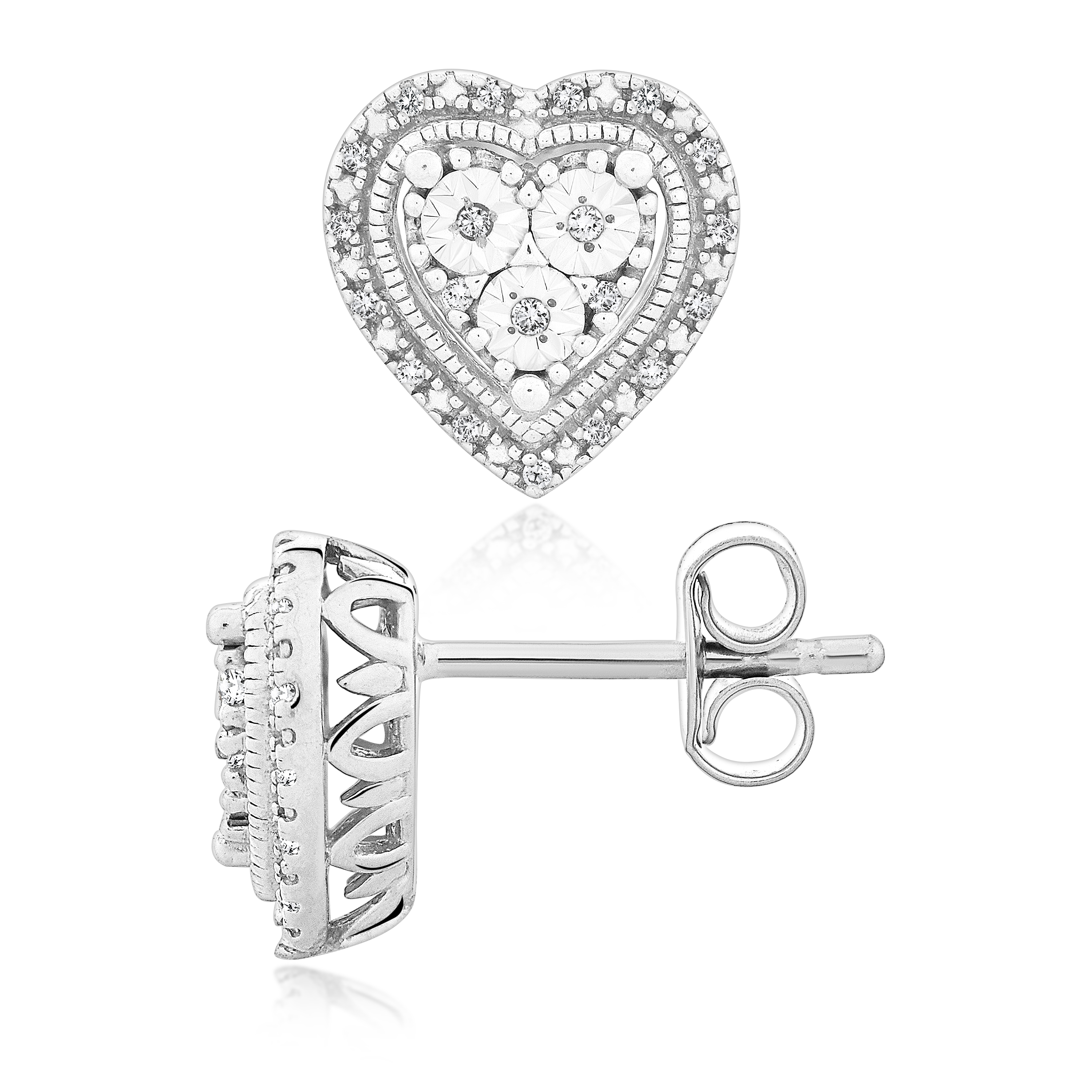 925 Sterling Silver 0.1cttw Genuine Diamonds Heart Earrings