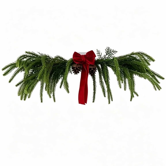 Christmas Swag with Red Bow, Pinecones and Bells, 19.7 Inch Artificial Greenery Hanging Door Decor for Mantel, Mirror, Window