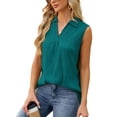 thumbnail image 2 of TEMOFON Women's Summer Tops Loose Sleeveless Tshirts Lapel Collar Tank Casual V Neck Solid Color Tee Striped Texture Green Tshirt Size M, 2 of 5