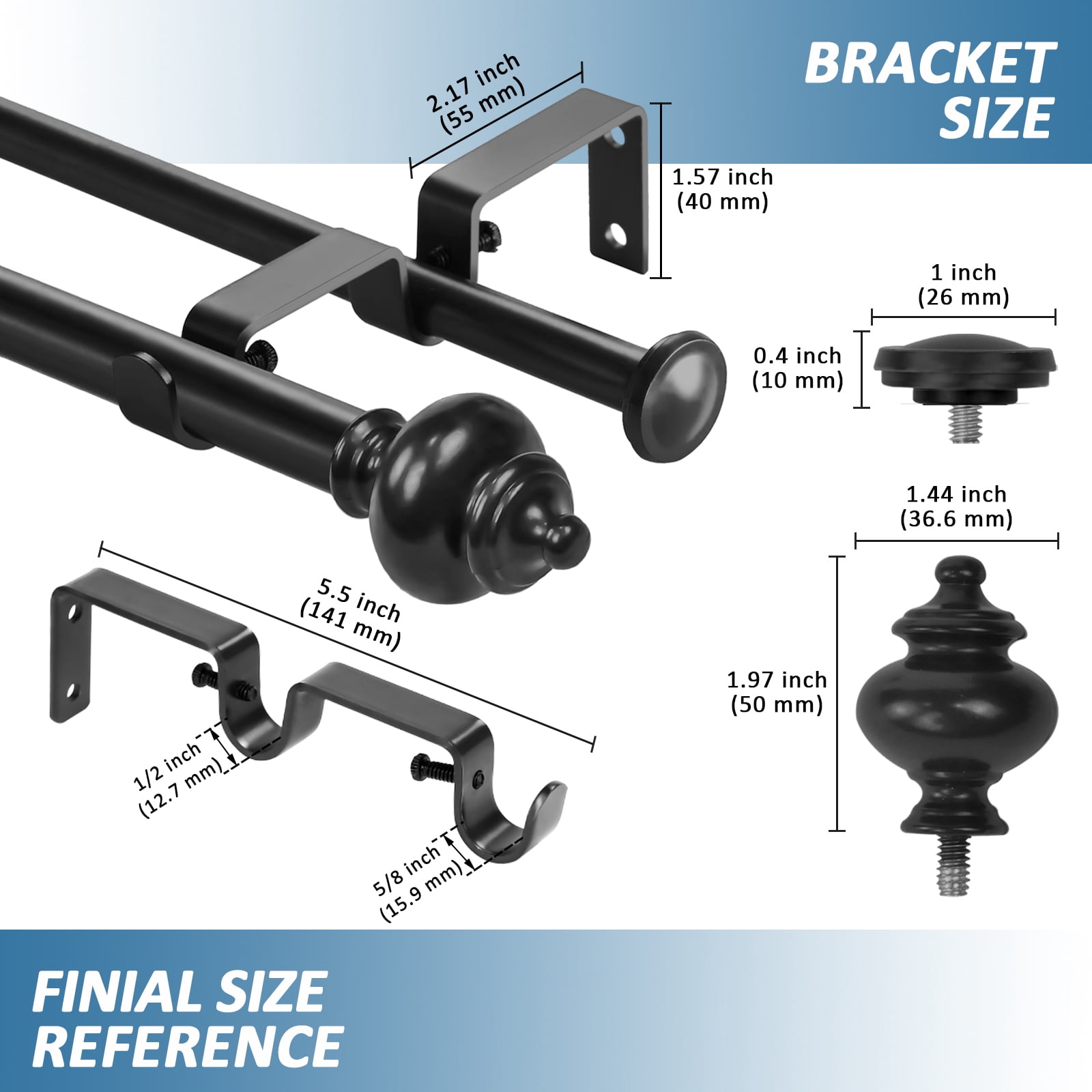 Urbanest Adjustable Double Curtain Rod Set Metal with Decorative Round Urn Finials, Heavy-Duty, 28"-48", Black