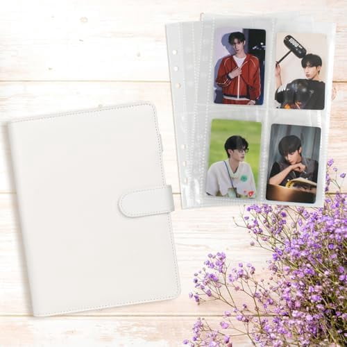 A5 Kpop Photocard Binder, 6 Ring Binder Album with 200 Card Slots, PU Leather Binder Cover with Magnetic Buckle Closure for Organizing Trading Cards - White