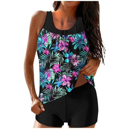 Moxiu Hawaiian Tankini Swimsuits for Women Two Piece Bathing Suits Blouson Tank Top with Boyshorts Tummy Control Modest Swimsuits 2025 Multicolor M